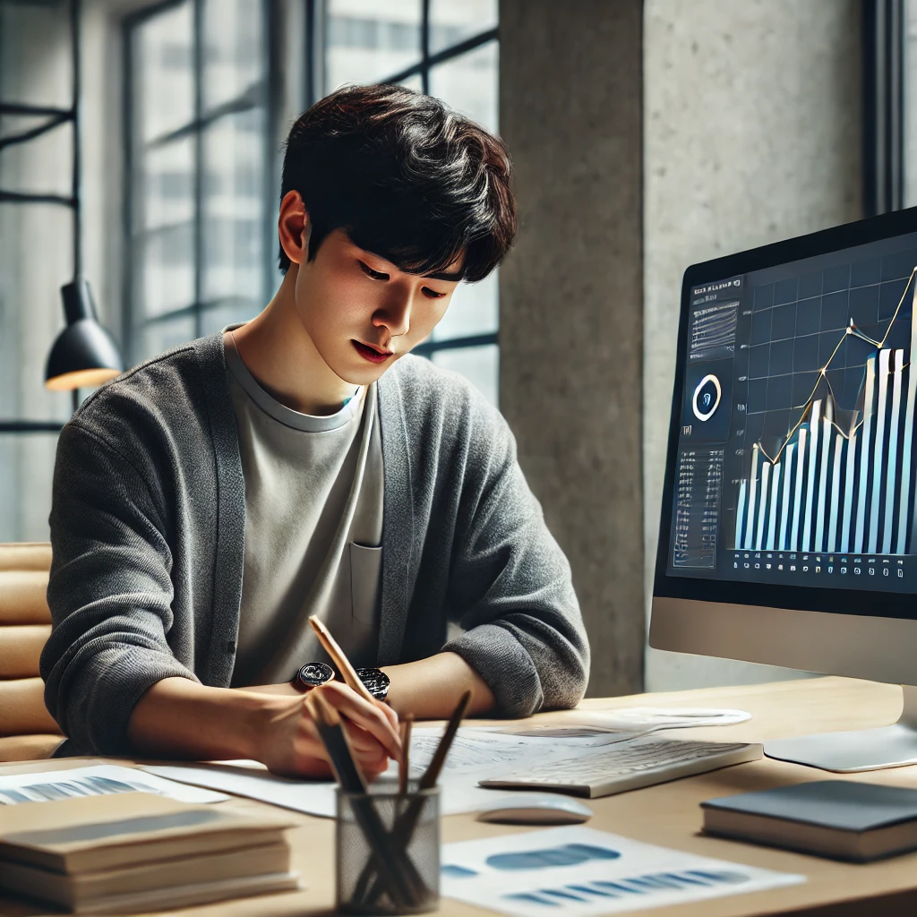 사무실에서 컴퓨터 모니터의 그래프를 참고하며 메모를 작성하는 젊은 남성