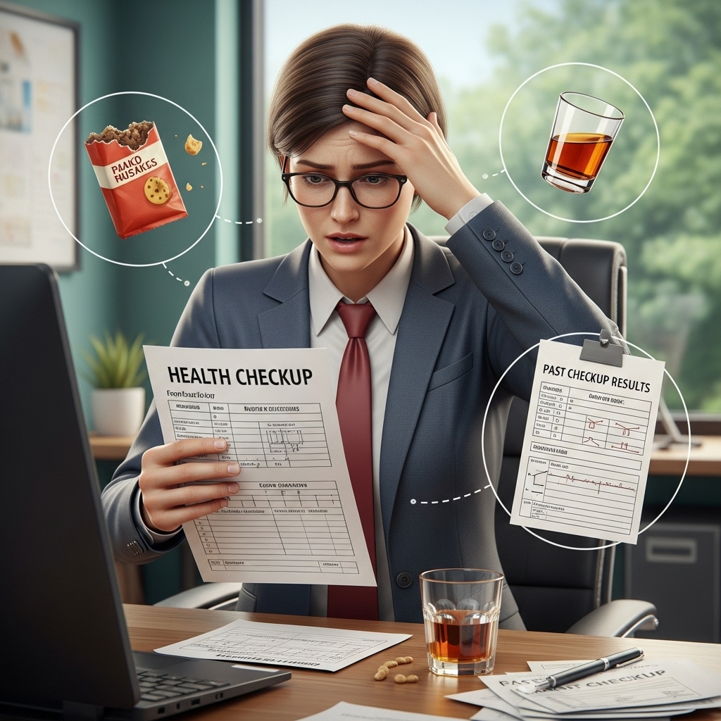 바쁜 직장인이 건강검진 서류를 들고 있고, 주변에는 건강검진을 망칠 수 있는 흔한 실수들을 상징하는 요소들이 놓여있는 모습