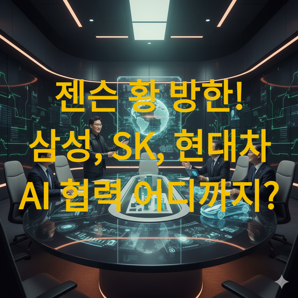 엔비디아 젠슨 황 CEO가 이재명 대통령과 국내 주요 기업 대표들과 함께 AI 협력 방안을 논의하는 미래지향적인 회의 장면.