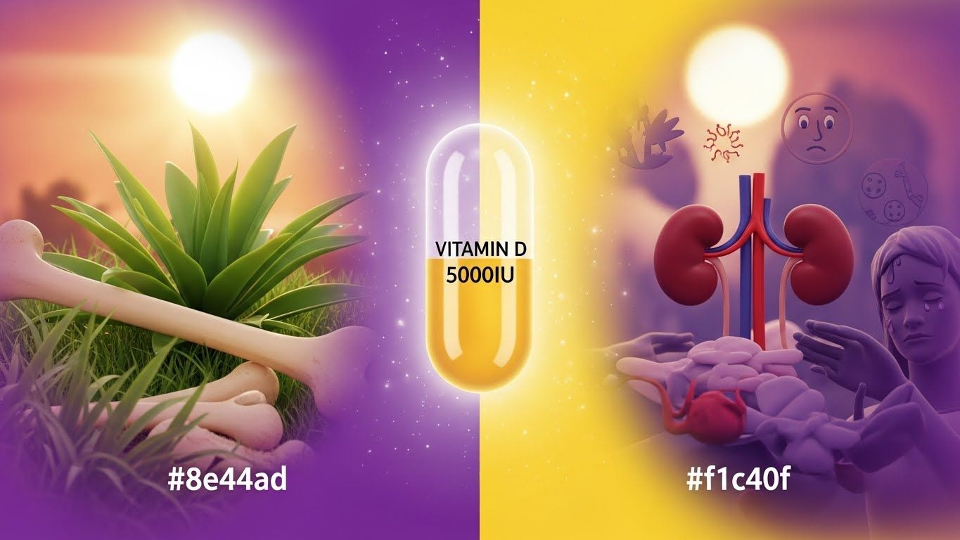 비타민 D의 이중적인 특성을 시각적으로 잘 보여주는 이미지입니다.