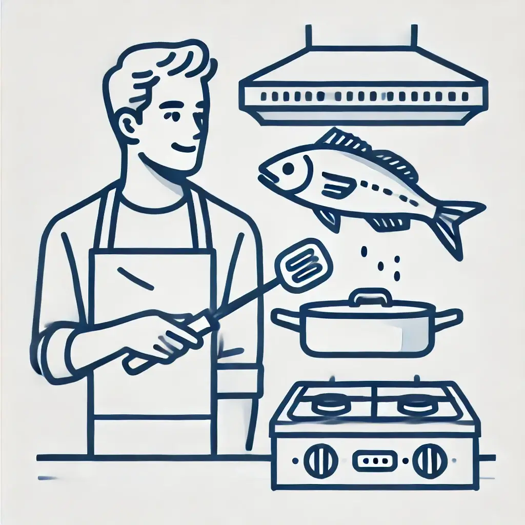 숭어 요리를 하는 남자 일러스트.
