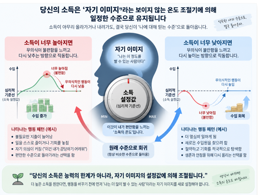 자기 이미지가 소득 설정값을 온도조절기처럼 유지시키는 심리 메커니즘을 표현한 일러스트
