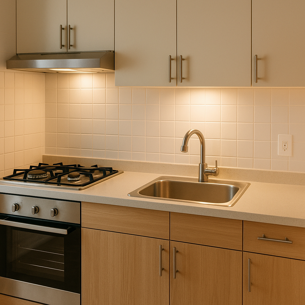 가스레인지와 싱크대 사이에 조리대가 있는 현대적인 주방 인테리어