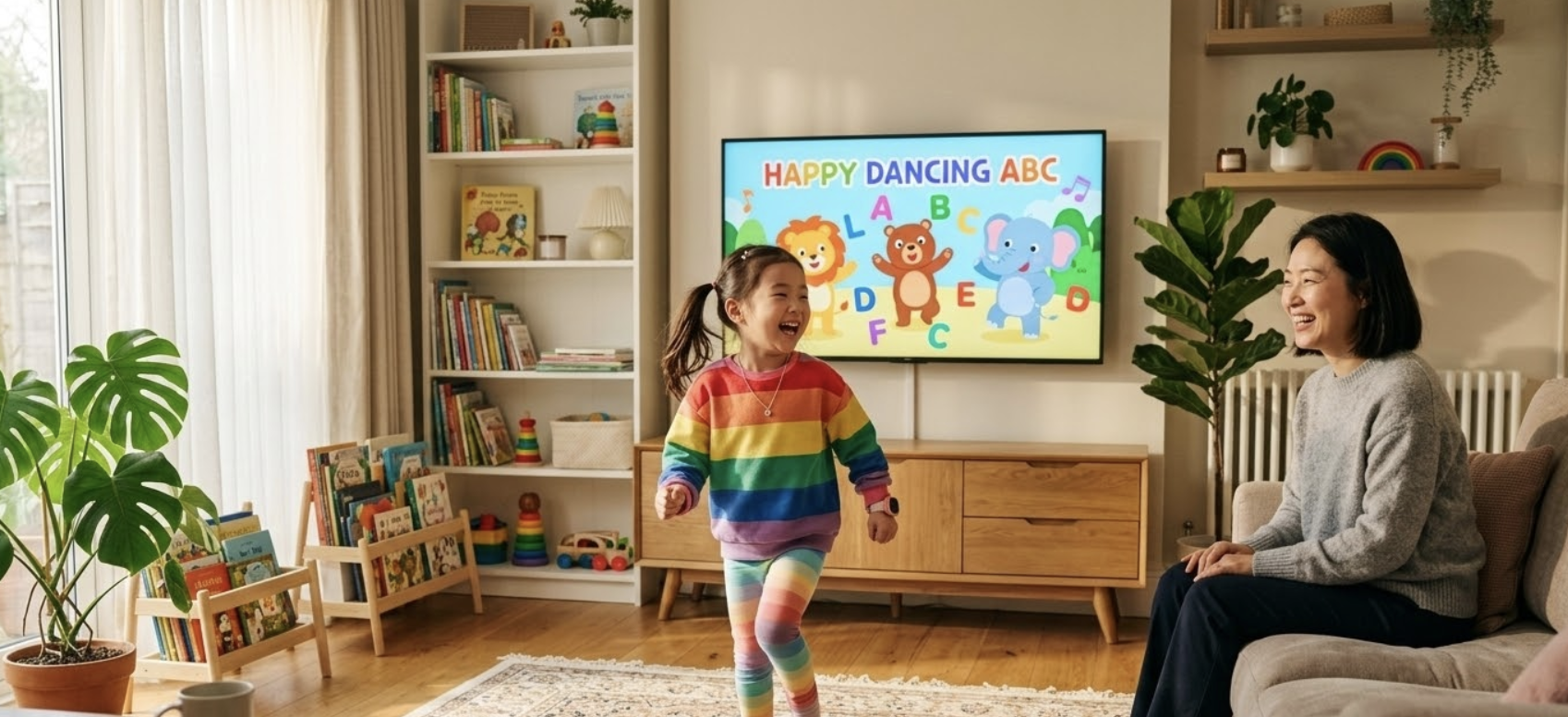 거실에서 영어 동요 영상을 보며 즐겁게 율동하는 아이와 자연스러운 영어 노출 환경. 유아기 영어 교육과 한국어 문해력의 균형.