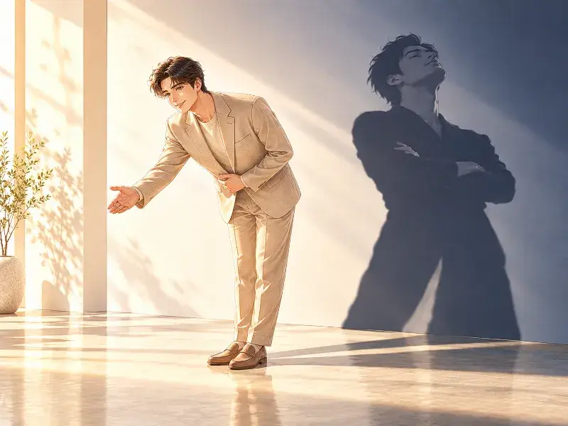 Pyoribudong (表裏不同), a Korean four-character idiom illustrating two-faced behavior through a man who bows politely while his shadow reveals an arrogant attitude, symbolizing the difference between outward appearance and inner thoughts.