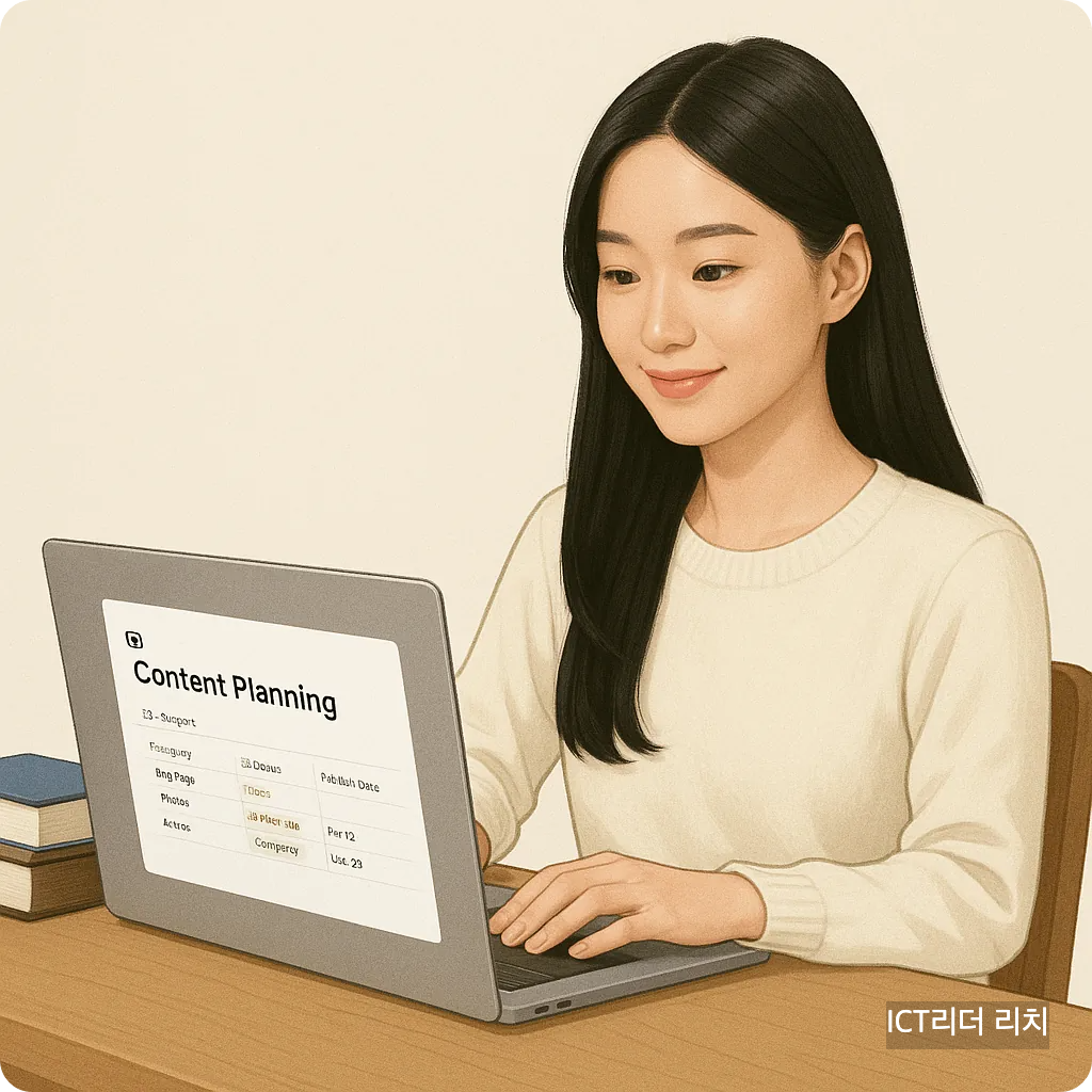 노션으로 블로그 워크플로우를 정리 중인 20대 여성의 자연스러운 작업 모습
