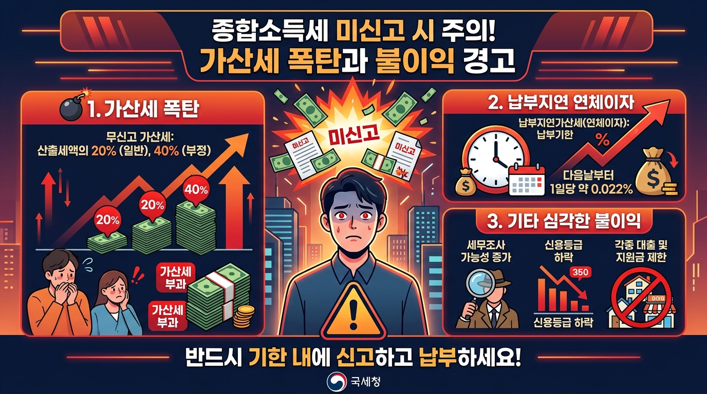 종합소득세 무신고 시 발생하는 가산세 이율과 불이익에 대한 경고 이미지