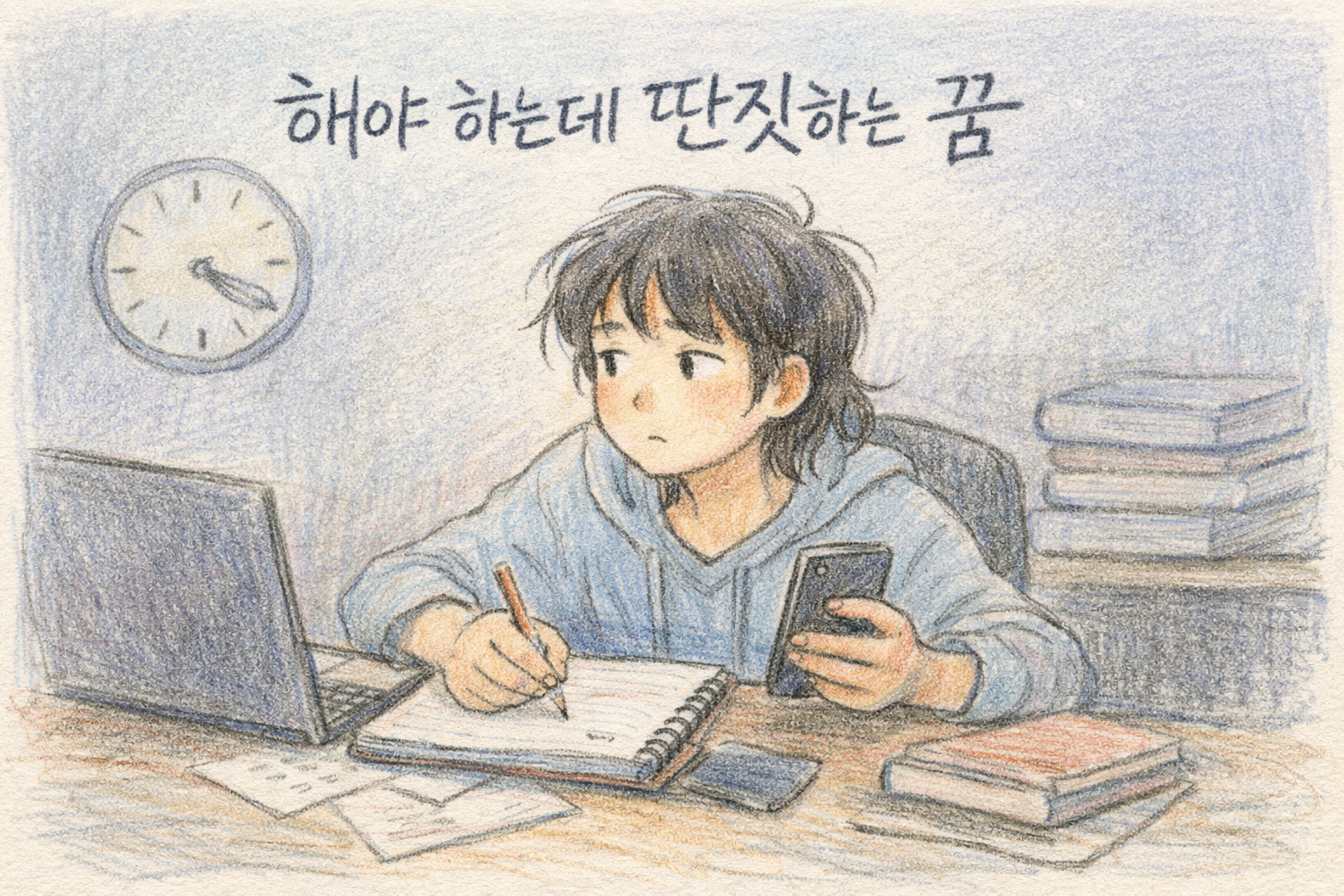 해야 할 일을 두고 휴대폰을 보는 모습의 색연필 꿈해몽 썸네일