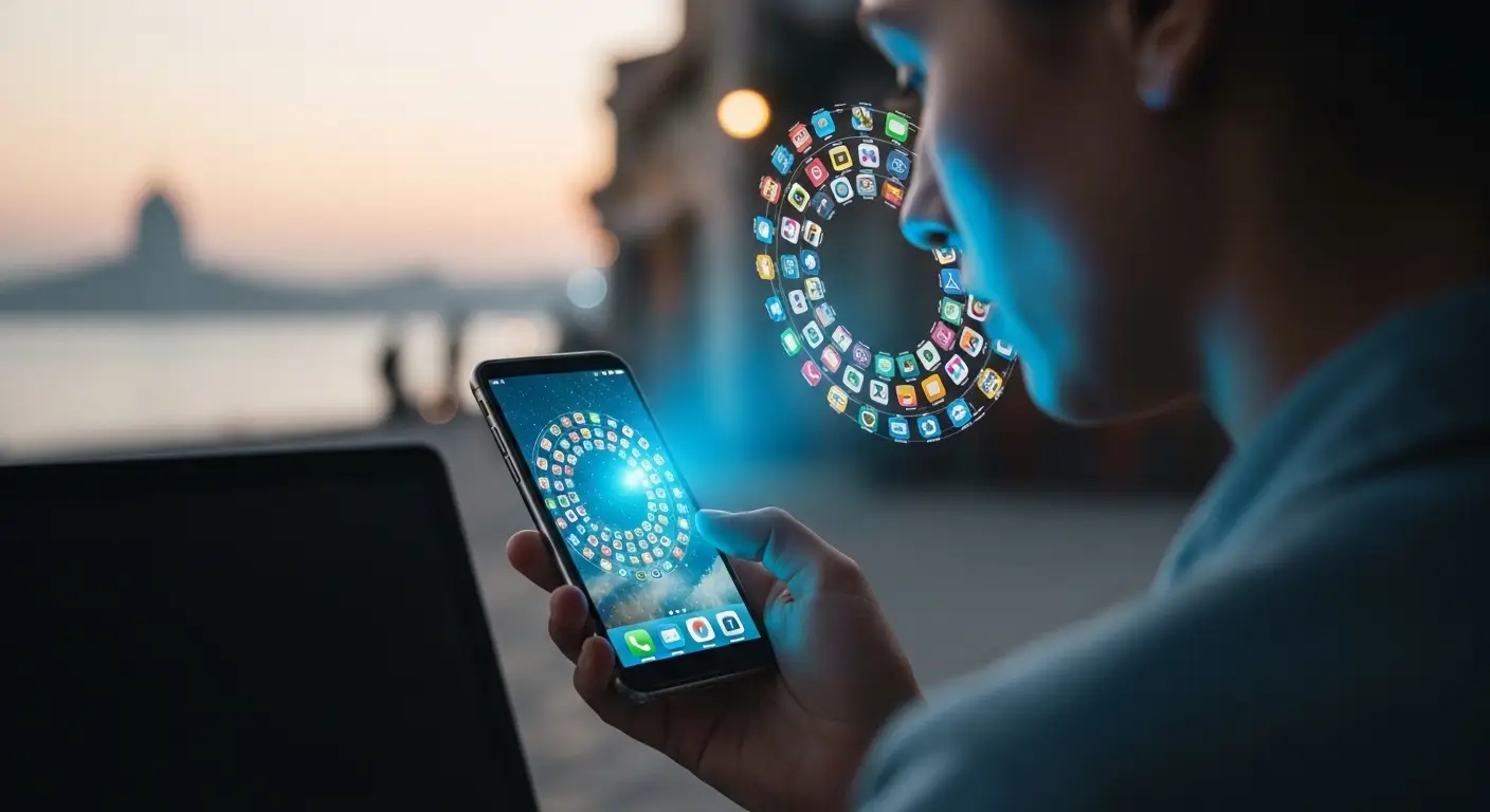 자유로운 디지털 노마드 환경에서 스마트폰 앱에 매료되어 시간을 빼앗기는 현대인의 모습을 상징적으로 보여주는 이미지