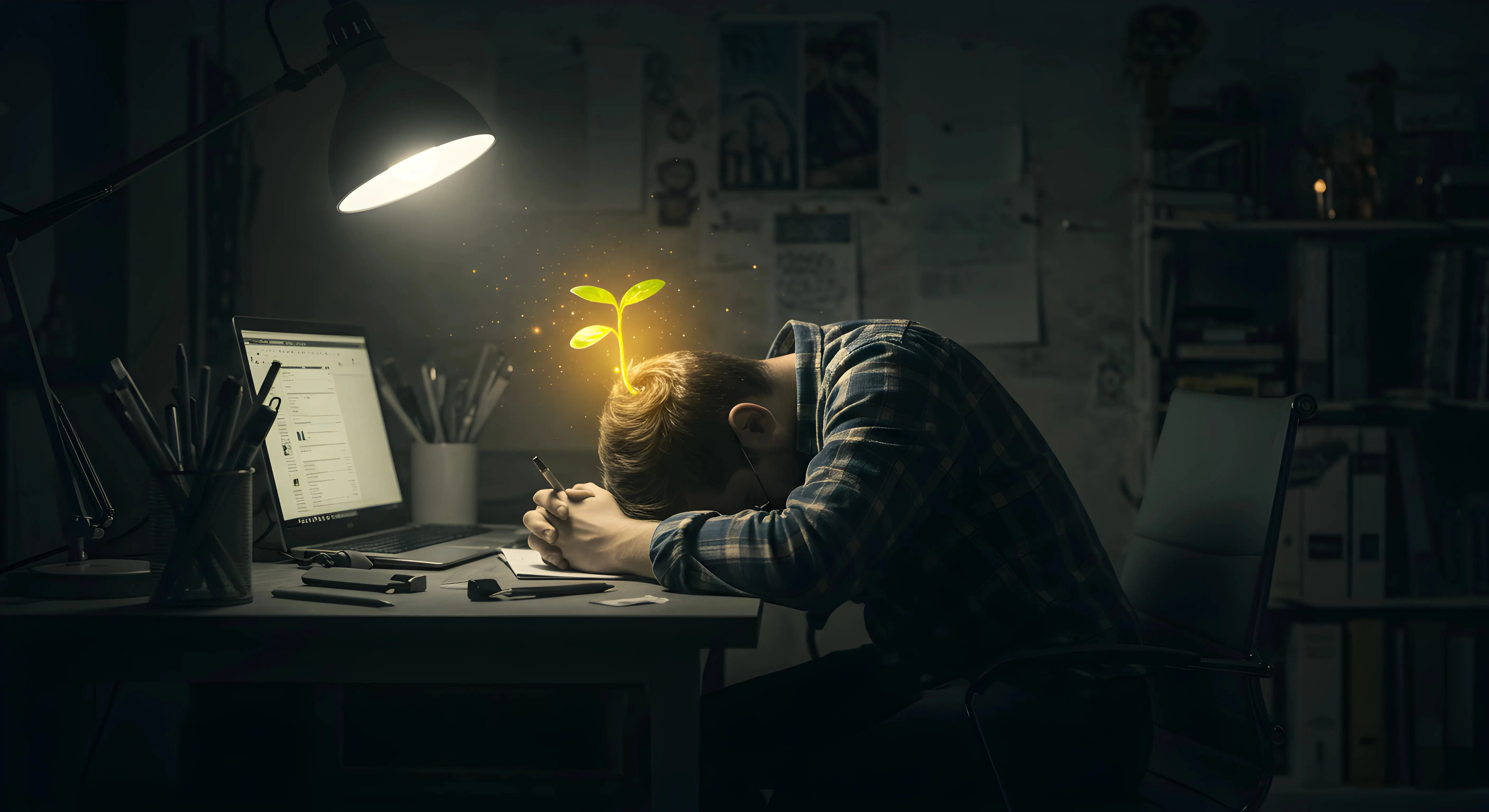 창작자 번아웃을 극복하는 희망을 상징하는 사진: 책상에 엎드린 지친 창작자의 머리 위에서 빛나는 초록색 새싹.