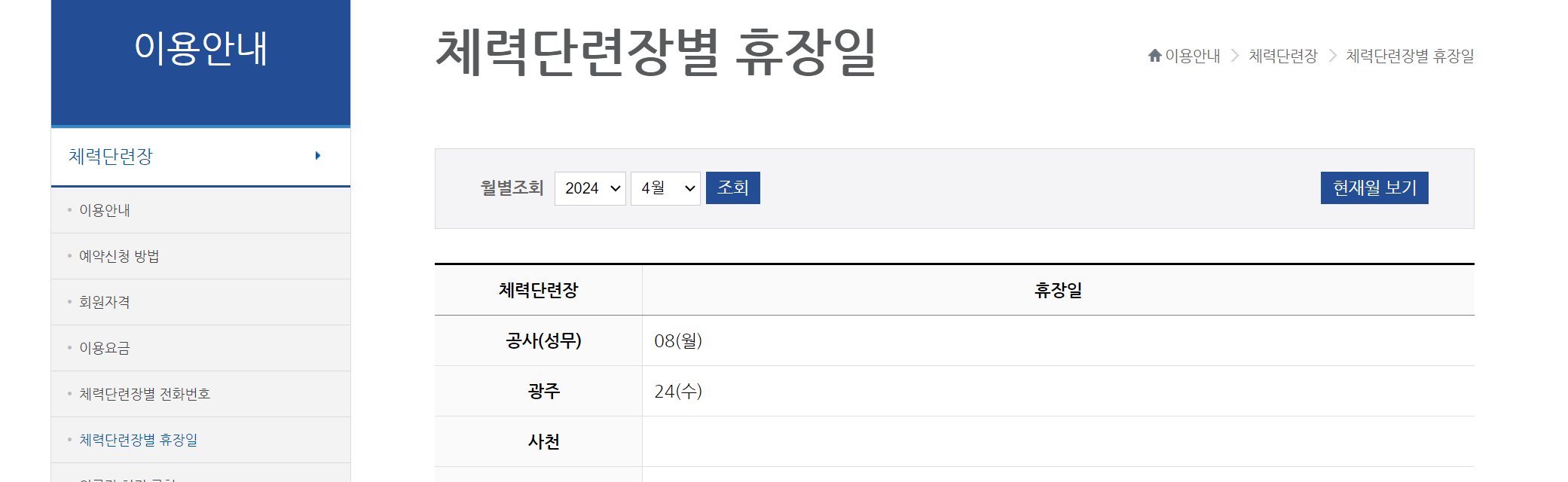 체력단련장 휴장일 모습