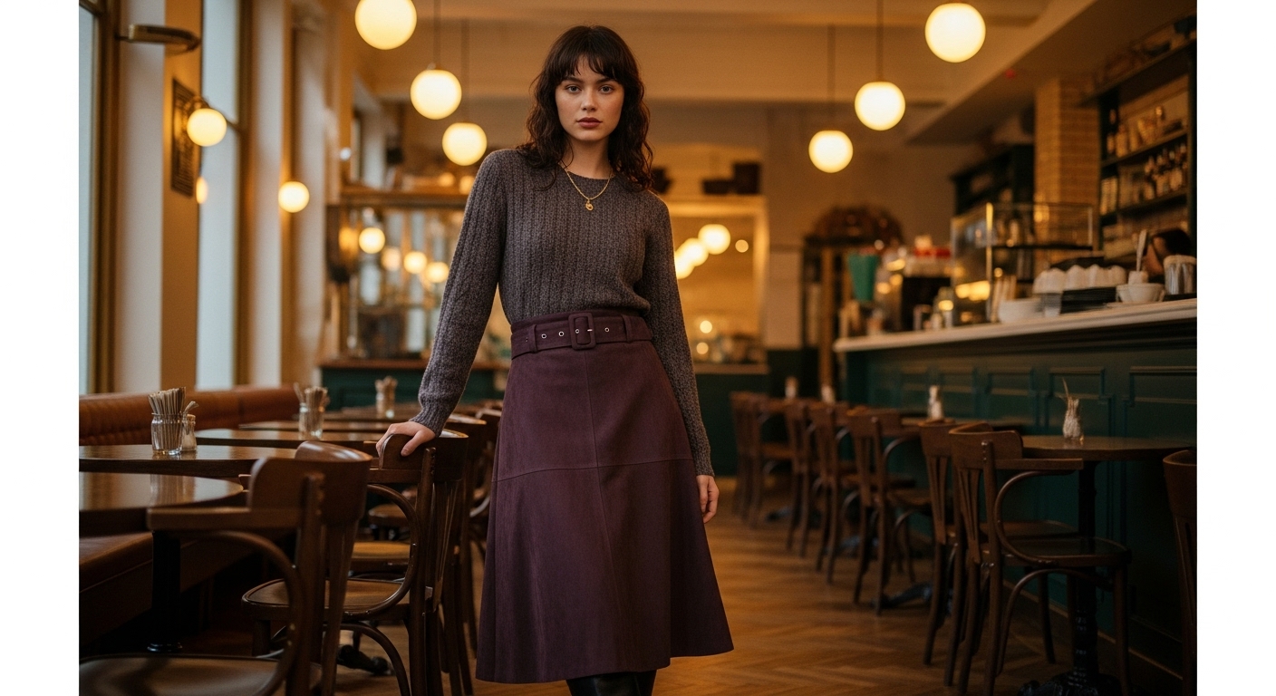 로웨어 스웨이드 벨트 스커트를 입은 여성 모델이 니트 상의와 부츠를 매치하여 우아하면서도 편안한 데일리룩을 연출한 모습.