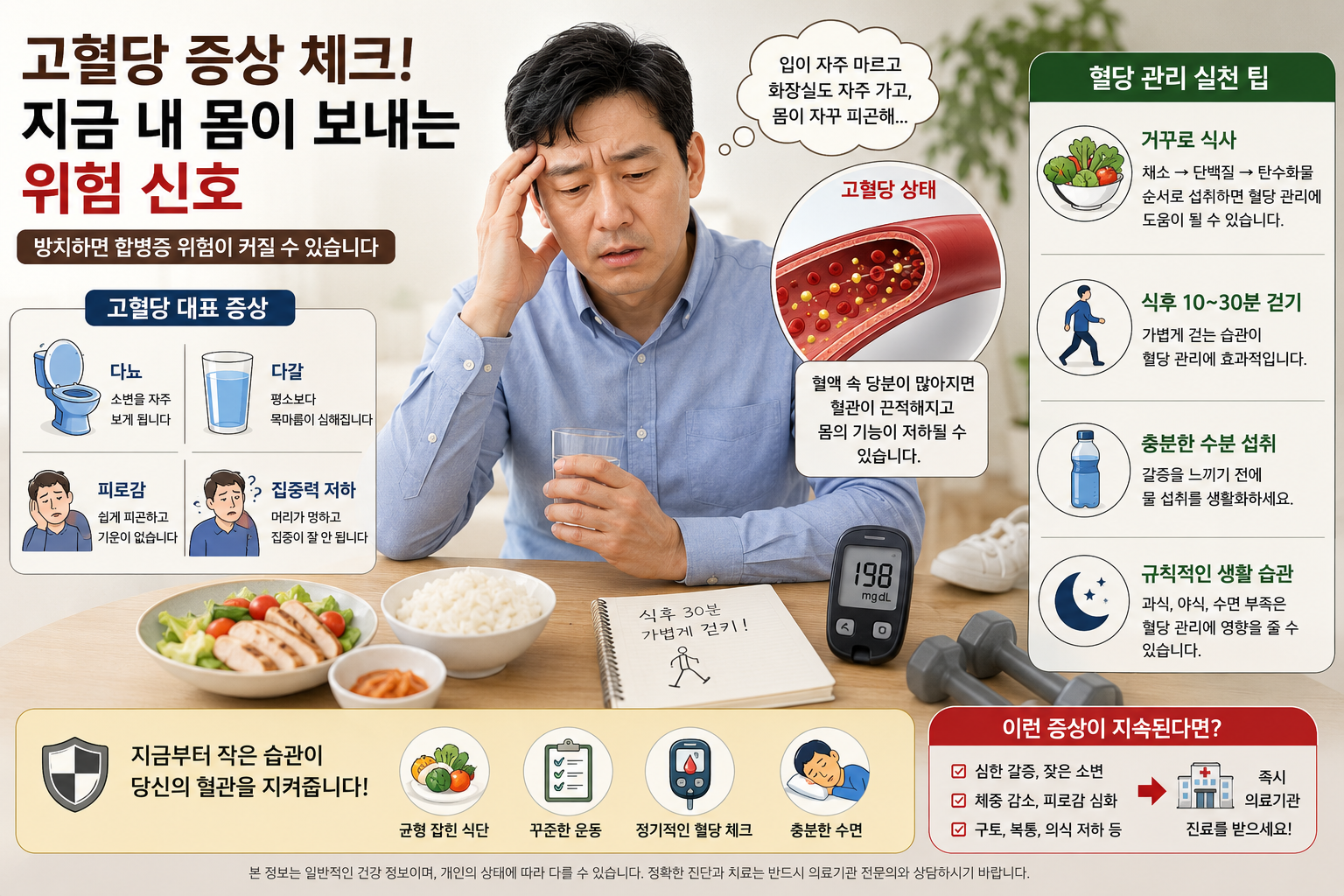 고혈당 증상으로 갈증과 피로를 느끼는 중년 남성과 혈당 관리 방법 안내 이미지
