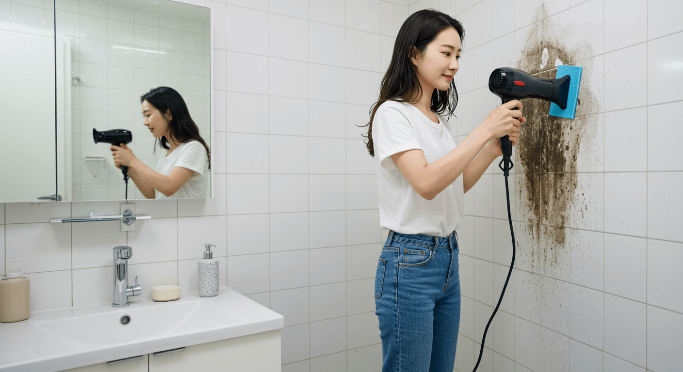 욕실에서-드라이기를-만지고있는-긴머리여성의모습