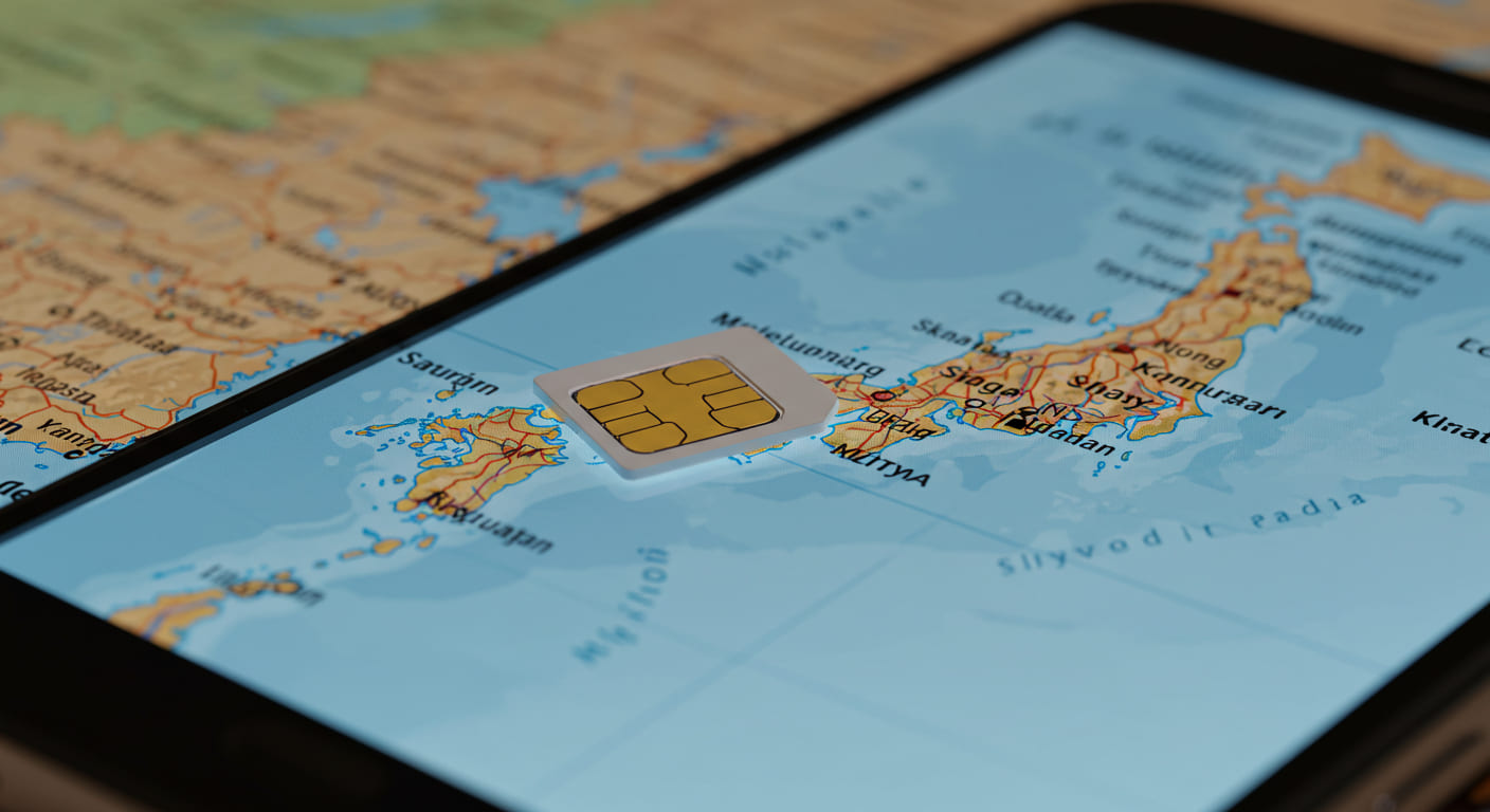스마트폰과 일본 지도 배경의 유심 카드