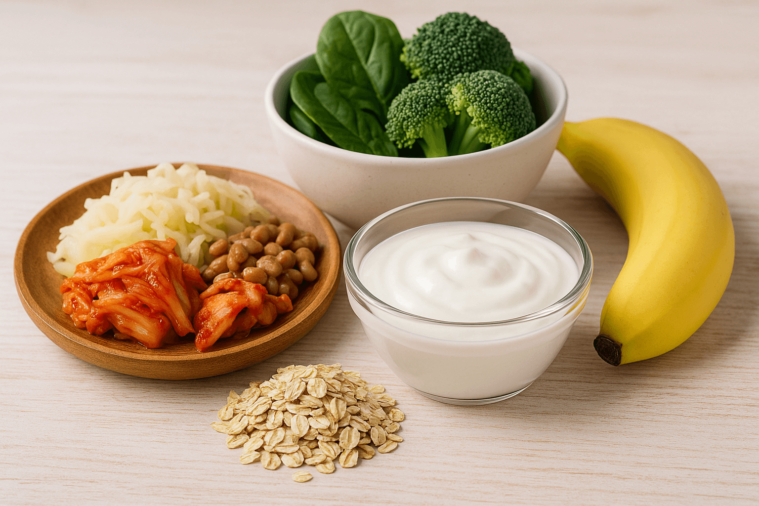 요거트, 바나나, 채소가 함께 놓인 건강한 식탁 이미지(출처**자체제작)