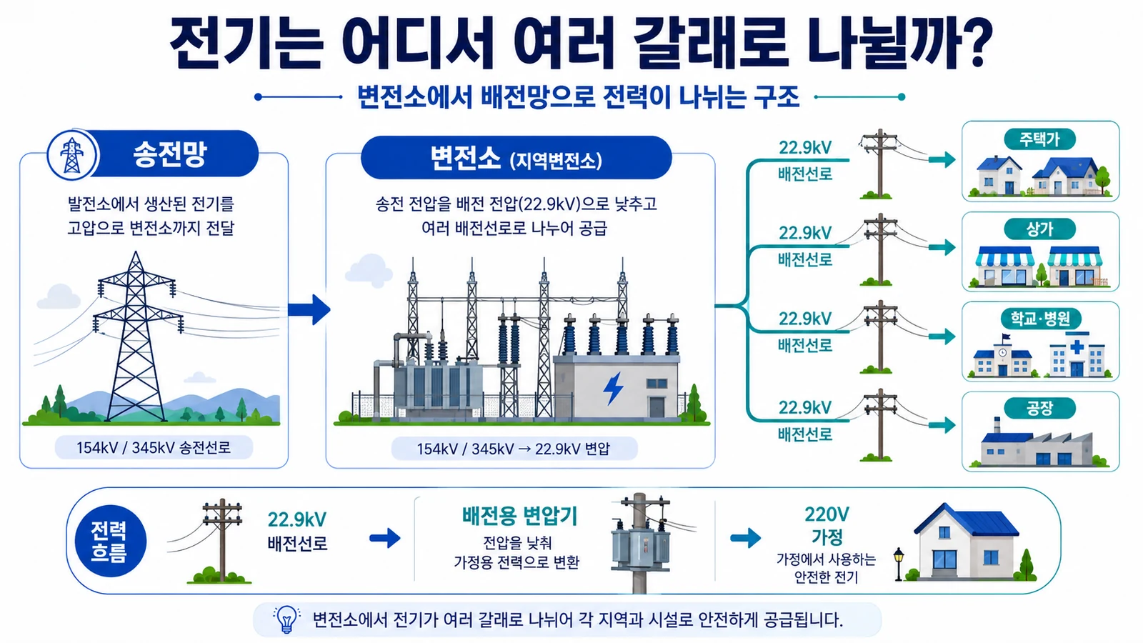 변전소에서 22.9kV 배전선로가 여러 지역으로 나뉘어 전력을 공급하는 구조