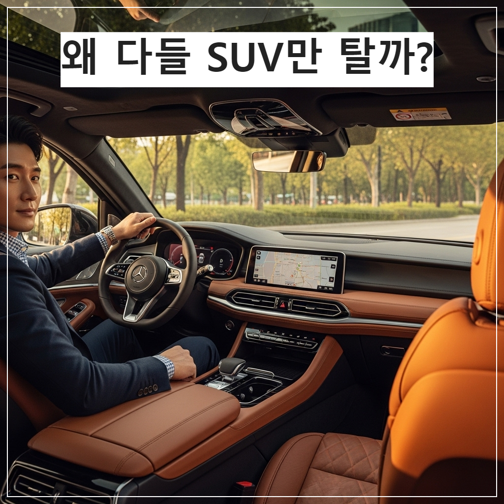 세련되고 현대적인 럭셔리 SUV 내부의 넓은 조수석과 뒷좌석 공간을 보여주는 이미지. 따뜻한 햇살이 창을 통해 들어오고 있으며, 성공적인 분위기의 한국인 남성이 운전석에서 여유롭게 전방을 응시하고 있는 고화질 사진