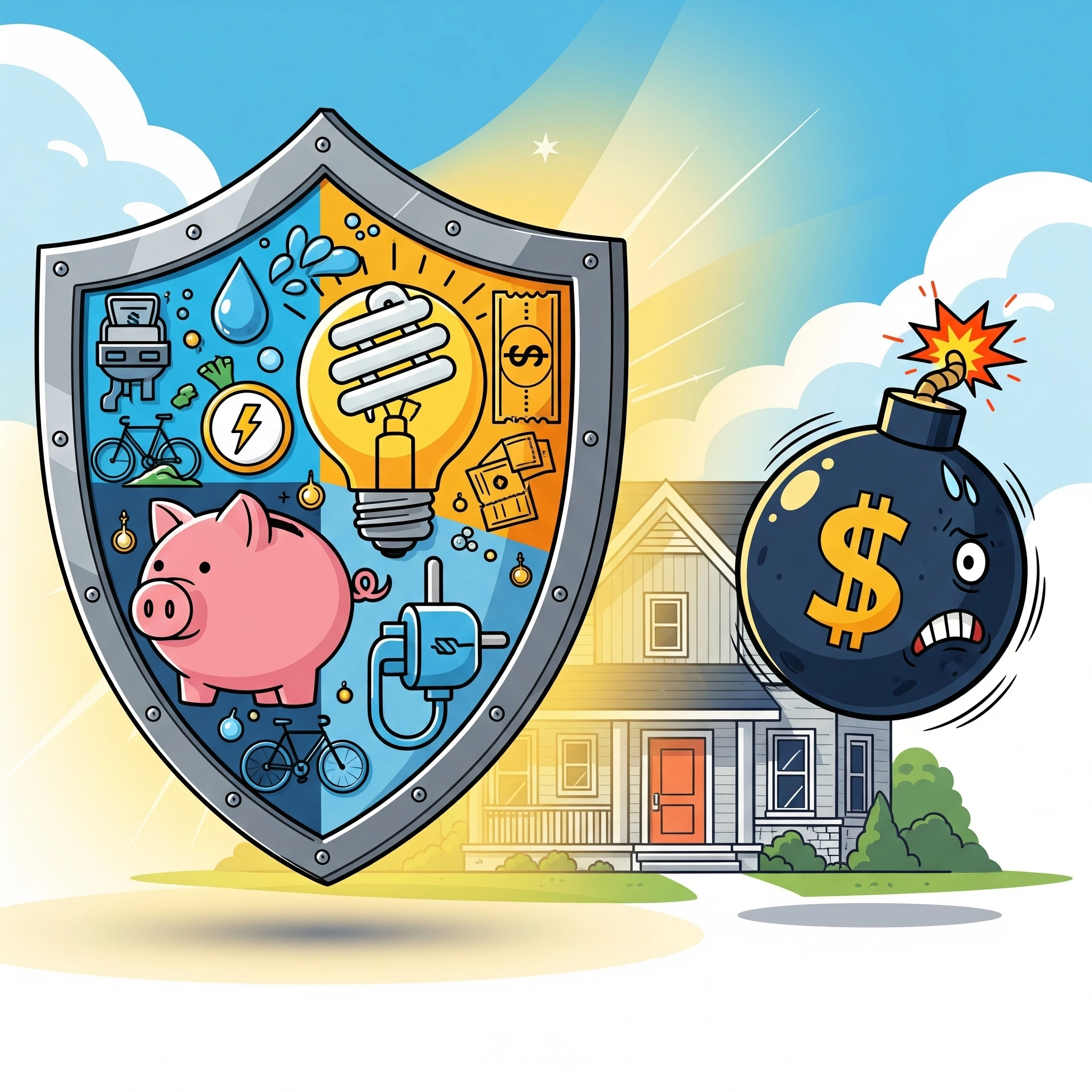 절약 아이콘으로 만들어진 방패가 전기요금 폭탄으로부터 집을 안전하게 지키고 있는 만화 이미지.
