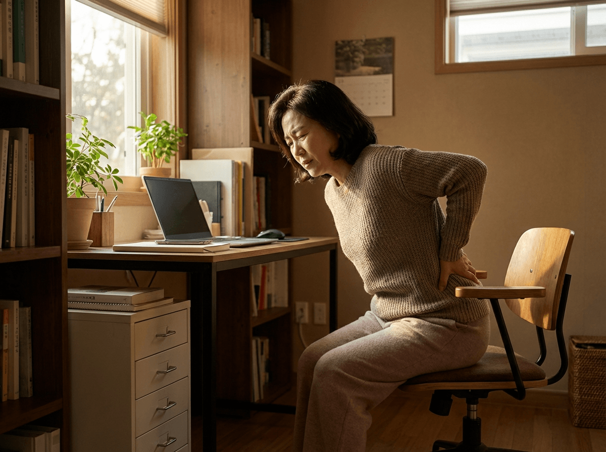 허리를 잡고 앉아 있는 모습