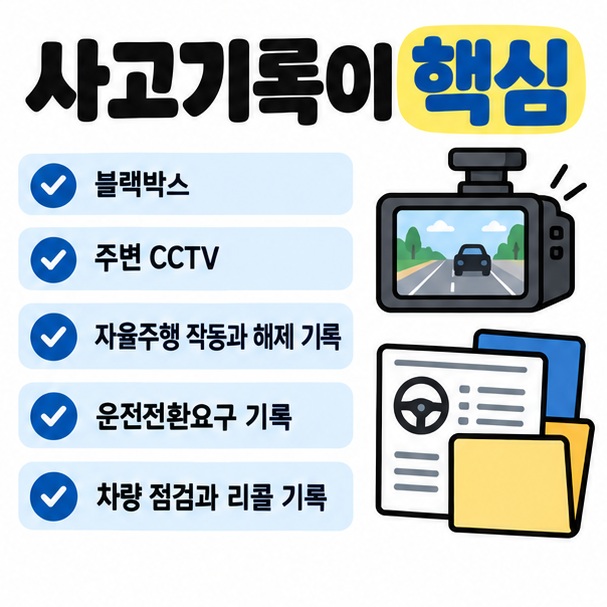 블랙박스와 CCTV, 자율주행 작동·해제 기록, 운전전환요구 기록을 보존해 사고 원인을 조사하는 절차를 정리한 카드