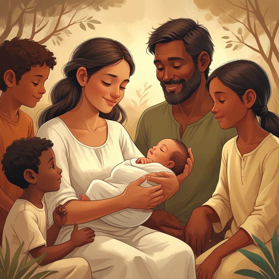 출산 이후 가족과 공동체가 함께 아기를 돌보는 모습을 표현한 장면
