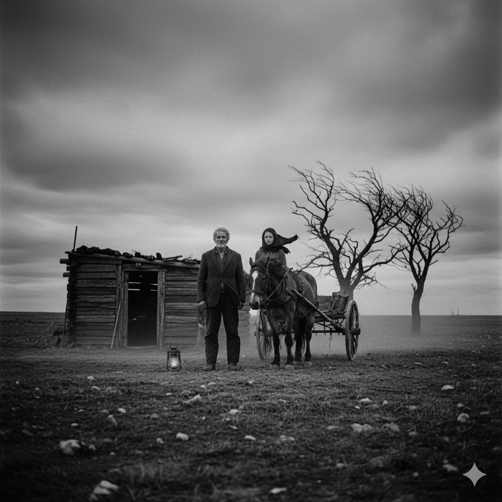 영화 토리노의 말 속 황량한 풍경과 마구간 앞에 서 있는 노인과 딸, 그리고 말의 모습