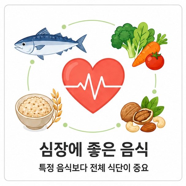 건강한 심장과 생선, 채소, 통곡물, 견과류를 함께 표현해 심장 건강에는 특정 음식 하나보다 전체적인 식사 구성이 중요함을 보여 주는 그림