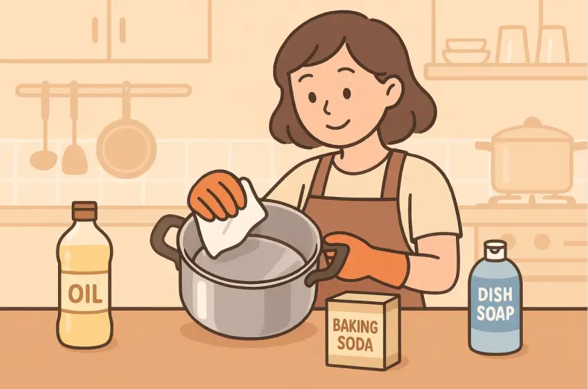 연마제 제거 방법으로 식용유, 베이킹소다 등을 활용하고 있는 모습