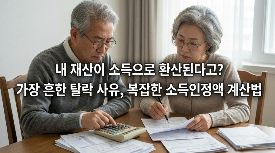 계산기를 두드리며 서류를 보고 고민하는 노부부의 모습