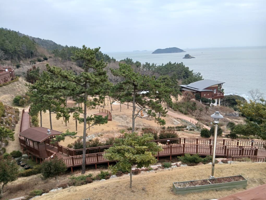 진도 자연휴양림에서 앞바다를 보며 햇볕쬐기하는 이미지