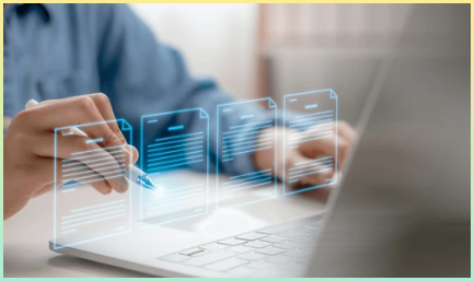 문서가 홀로그램으로 표시되어 문서화의 의미를 담고 있는 노트북 사진