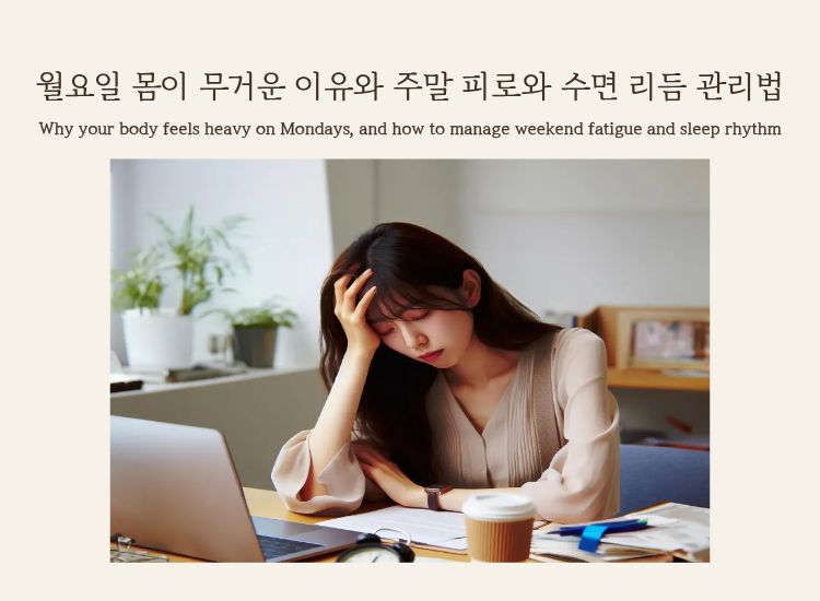 A tired woman at her desk, representing Monday fatigue and weekend sleep rhythm