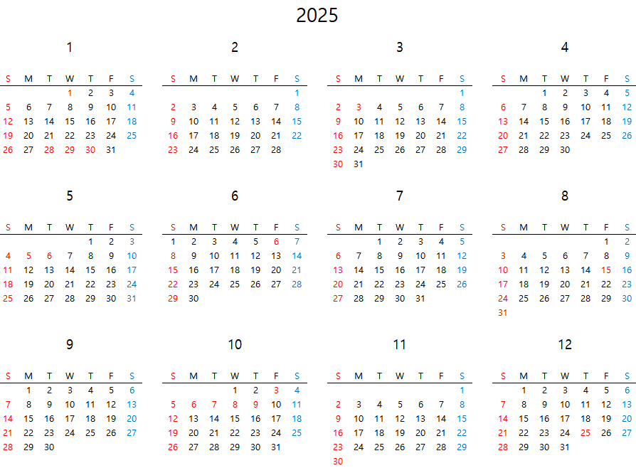 2025년 달력 요약