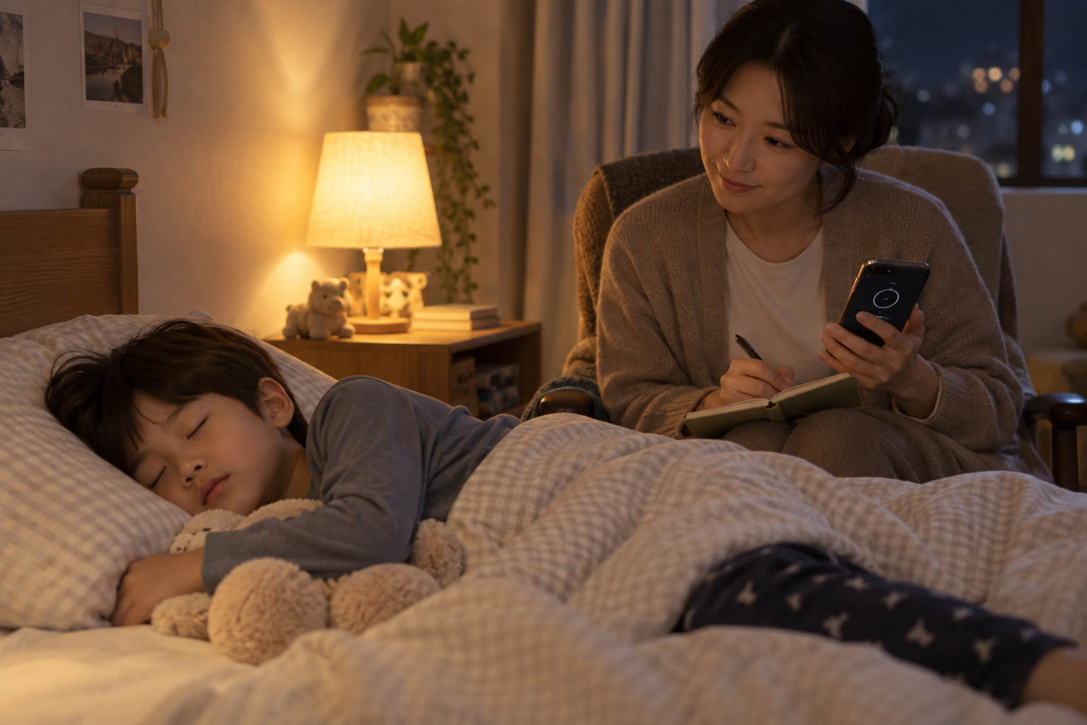 아이의 코골이와 호흡 상태를 살피는 부모의 실제 수면 관찰 장면