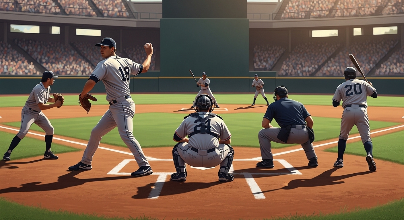 야구 경기장에서 투수, 포수, 내야수, 외야수가 각자의 위치에서 플레이를 준비하는 역동적인 모습