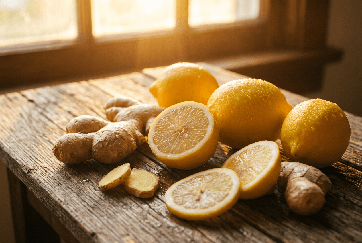 슬라이스한 레몬과 생강, 그리고 투명한 유리잔에 담긴 레몬 생강 음료를 함께 배치한 이미지 설명