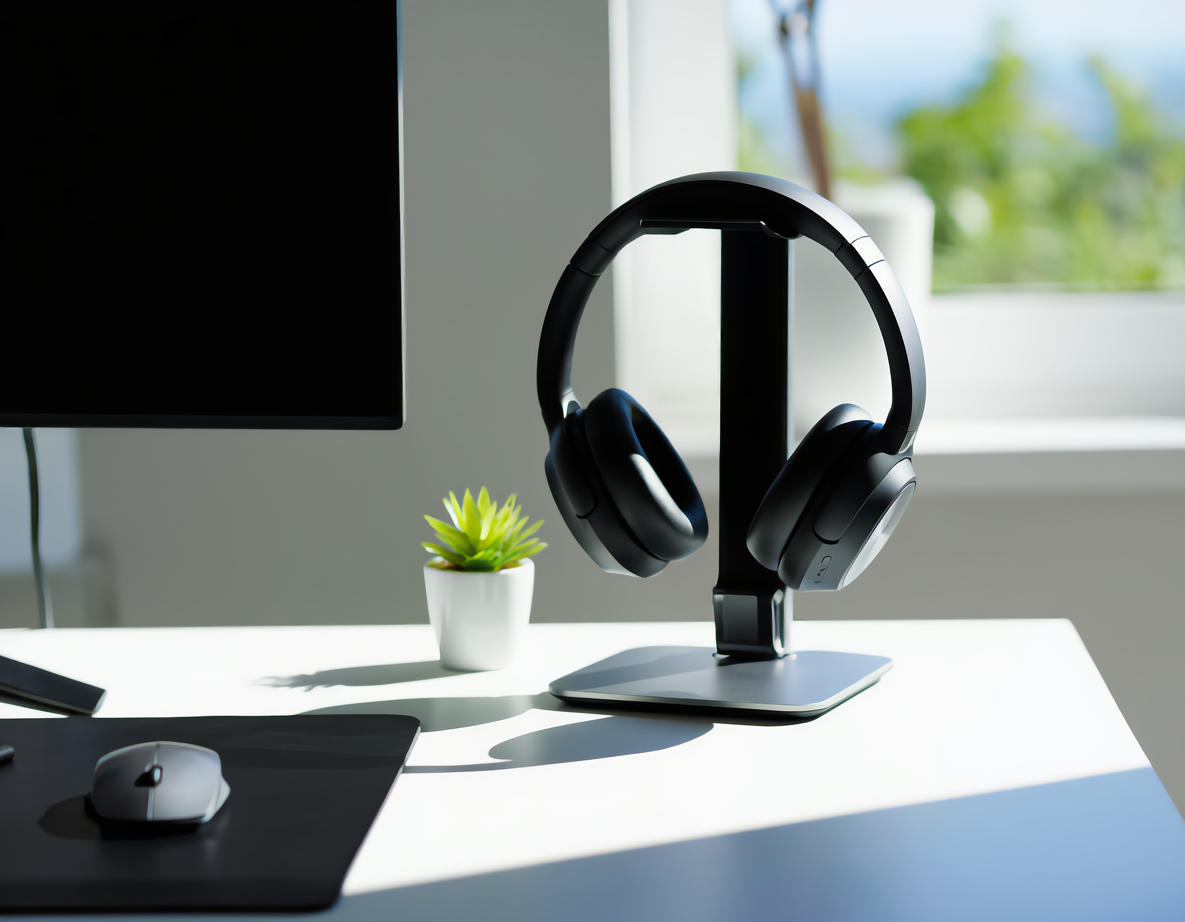 인체공학적 디자인의 세련된 마우스와 조절 가능한 모니터 스탠드가 중심에 자리잡은 사무실 책상 위, 노이즈캔슬링 헤드폰이 우아하게 걸려 있고 미니 화분의 신선한 초록잎이 데스크 오거나이저의 정돈된 문구류 사이에서 생기를 더합니다. 창가의 부드러운 자연광이 전체적으로 흐르며 미니멀리스트 감각의 청량한 작업 분위기를 완성합니다.
