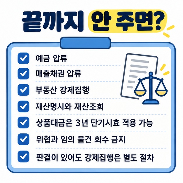 확정판결 후 예금과 매출채권, 부동산 강제집행을 검토하고 상품대금의 3년 단기소멸시효 가능성과 불법추심을 주의하도록 정리한 카드