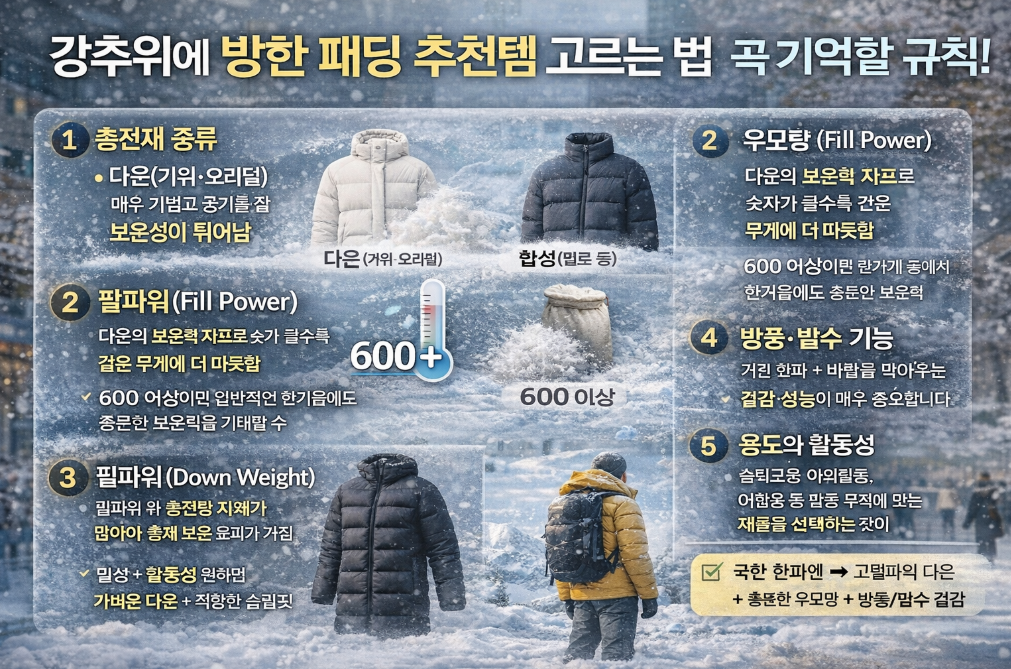 강추위 이겨내는 방한 패딩 추천템 고르는 법