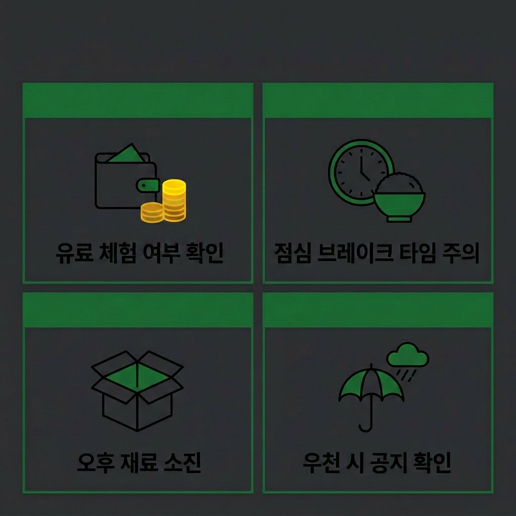 어린이날 축제 유료 체험 여부, 점심 휴게시간, 재료 소진, 날씨 확인 등 4가지 필수 사전 점검 포인트를 요약한 인포그래픽