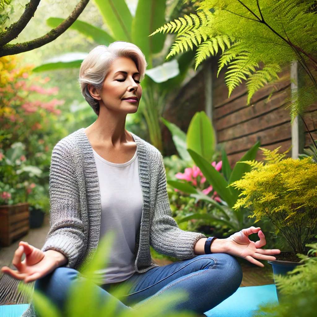 편안한표정으로 명상을 하는 중년여성의 모습