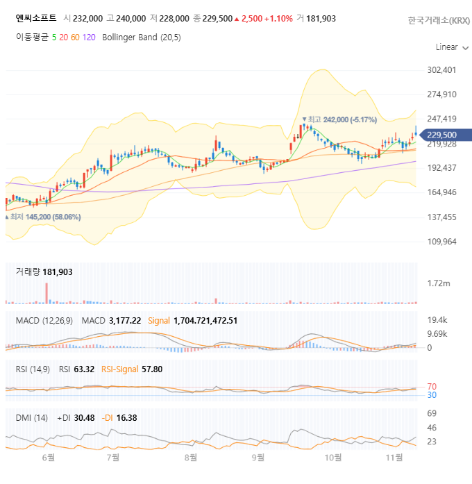 엔씨소프트 일봉 차트 자세히