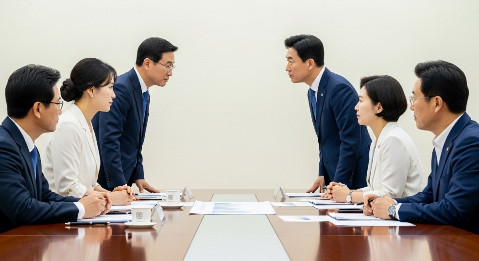 회의 테이블에서 팽팽히 대립 중인 정치인들