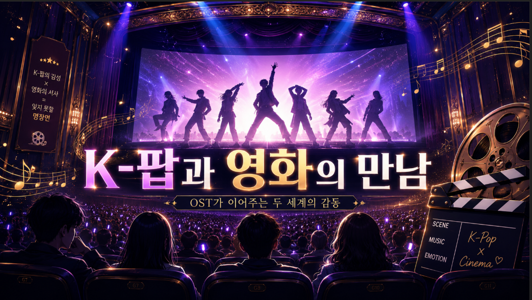 K-팝 OST와 애니메이션이 글로벌 팬덤과 차트 성과로 확장되는 모습을 표현한 이미지
