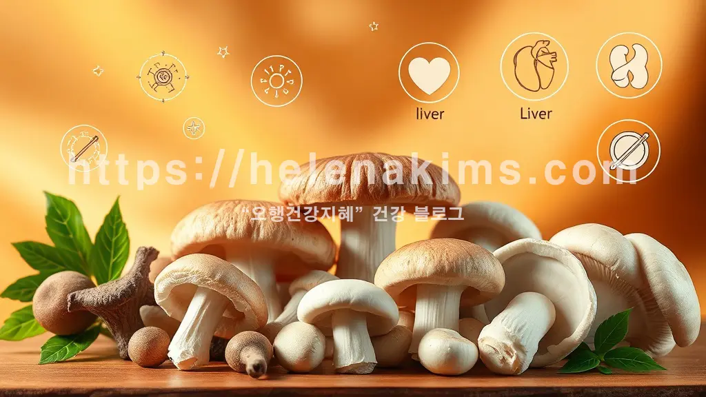 따뜻하고 활력 넘치는 주황색 배경 위에, 여러 종류의 슈퍼푸드 버섯들이 조화롭게 놓여 있는 이미지.