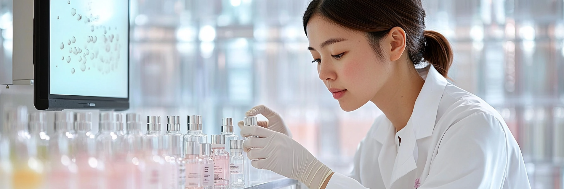 An Asian scientist in a modern cosmetic research lab, wearing a clean white lab coat and gloves, carefully mixing skincare ingredients in glass beakers on a sleek metal table, advanced tools and colorful vials neatly arranged in the background, a glowing monitor displaying molecular skincare formulas, the clean and innovative environment highlighted by soft ambient lighting, cinematic lighting, volumetric light, global illumination, scattering, ultra-detailed textures, intricate details, professional and futuristic atmosphere