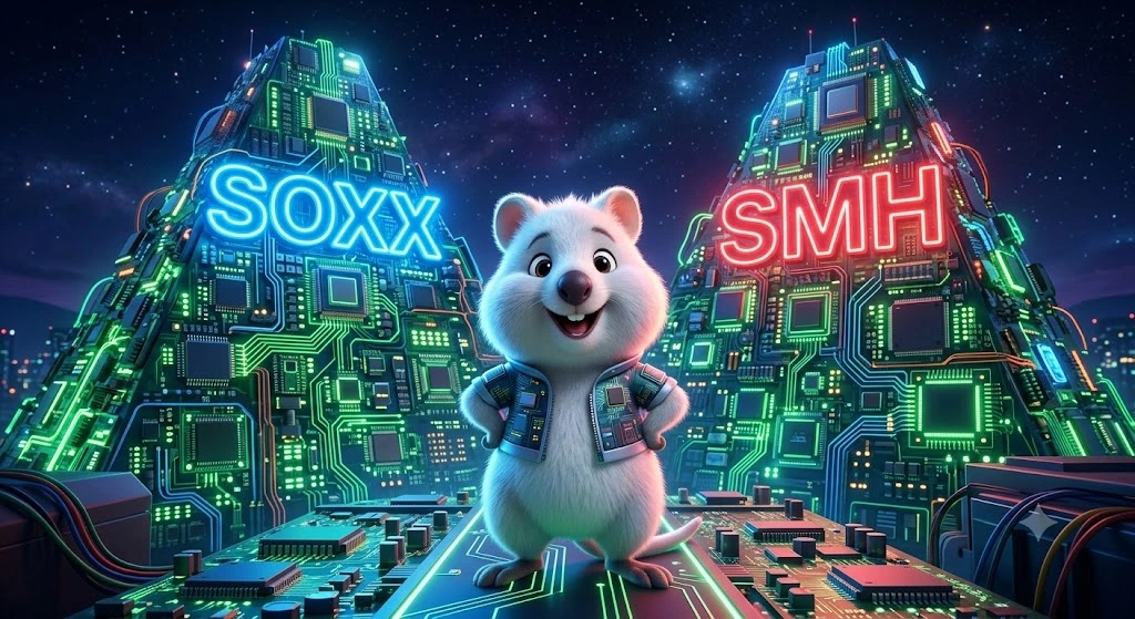 반도체 회로판과 마이크로칩으로 이루어진 거대한 두 개의 빛나는 산봉우리(SOXX, SMH) 앞에서 당당하게 서 있는 귀여운 백쿼카의 모습. 글로벌 반도체 시장을 리드하는 두 ETF의 웅장함을 상징함.