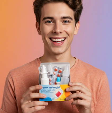 비염 치료 약물을 가지고 웃고 있는 남성