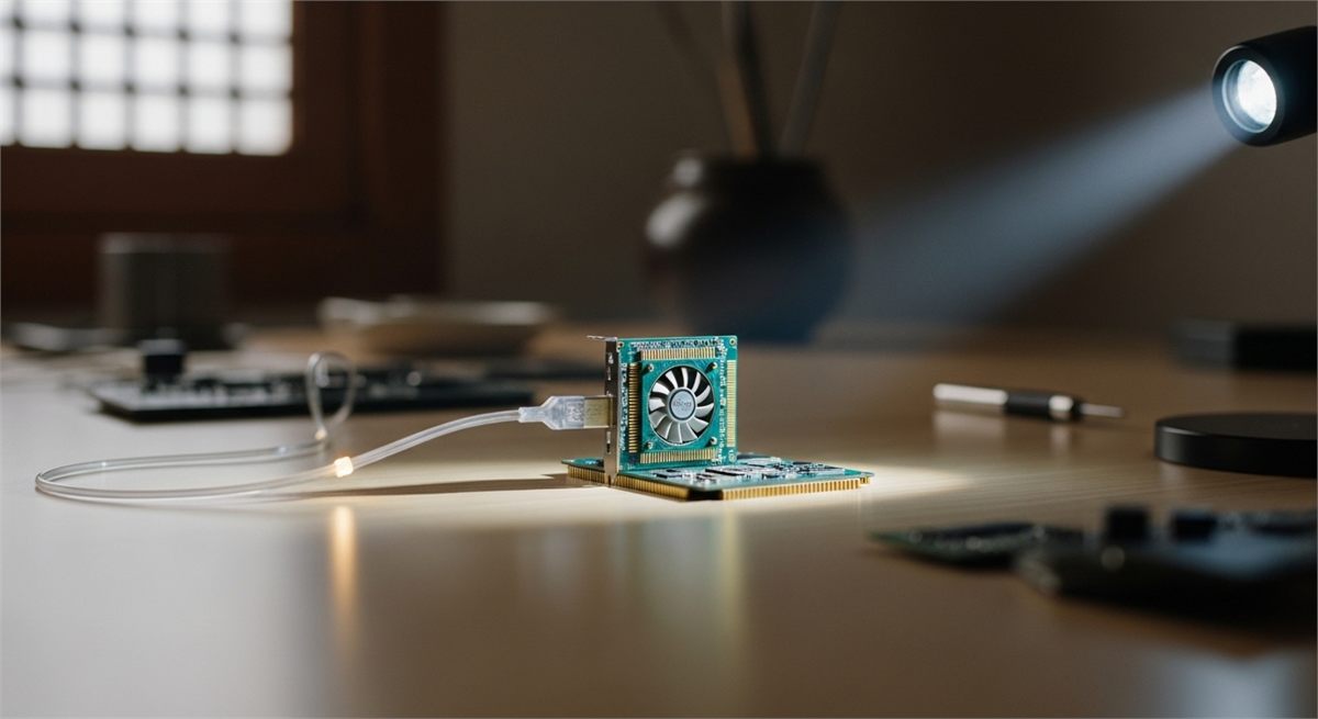 GPU와 광통신 연결을 상징적으로 보여주는 장면 